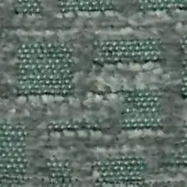 Textile sample with grid pattern in teal-green and gray tones, featuring a textured weave and small white dots within the darker squares.